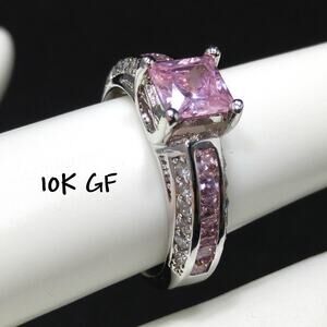Vintage Pink CZ Solitaire Ring 10K GF Square Cut Channel Set Size 7.25